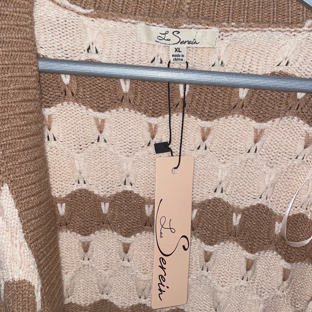 Chunky Knit Open Front Cardigan Sweater - Brown and Cream - Picture 8 of 11